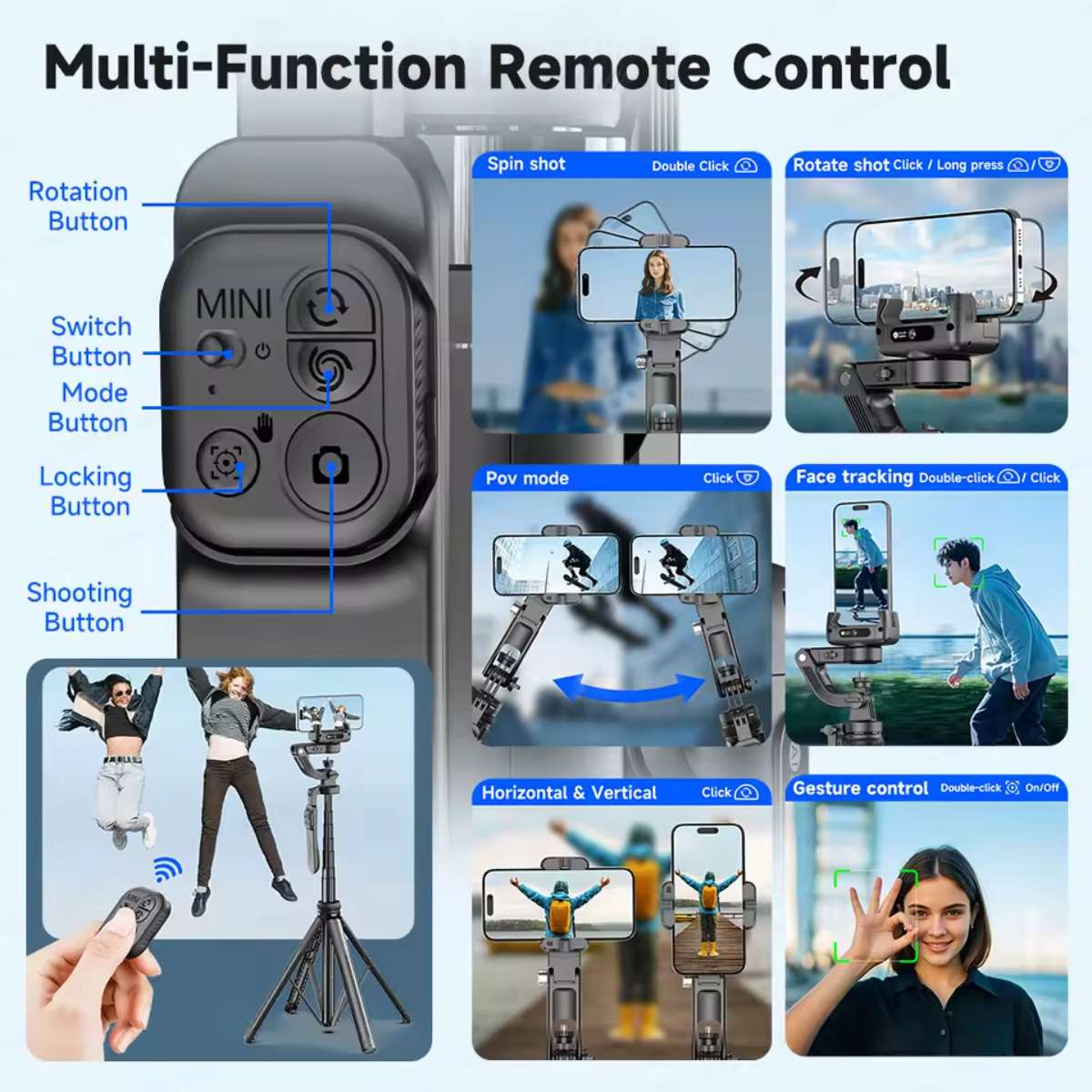 Trípode / Estabilizador de gimbal para smartphone Almalux® C16 AI con seguimiento automático de rostro, rotación de 360°, anti-vibración, trípode portátil y control remoto para vlog, YouTube, TikTok y transmisiones en vivo