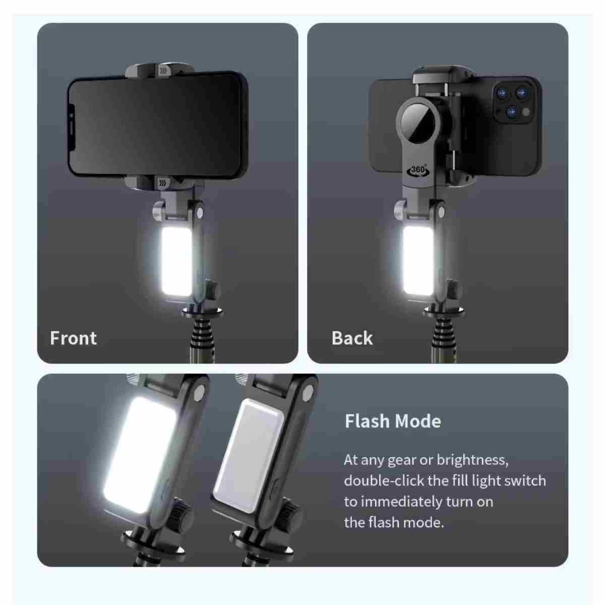 Estabilizador de cardán Almalux®Q18 -  palo Selfie con luz de relleno -  trípode con control remoto para teléfono móvil -  disparo envolvente de 360°