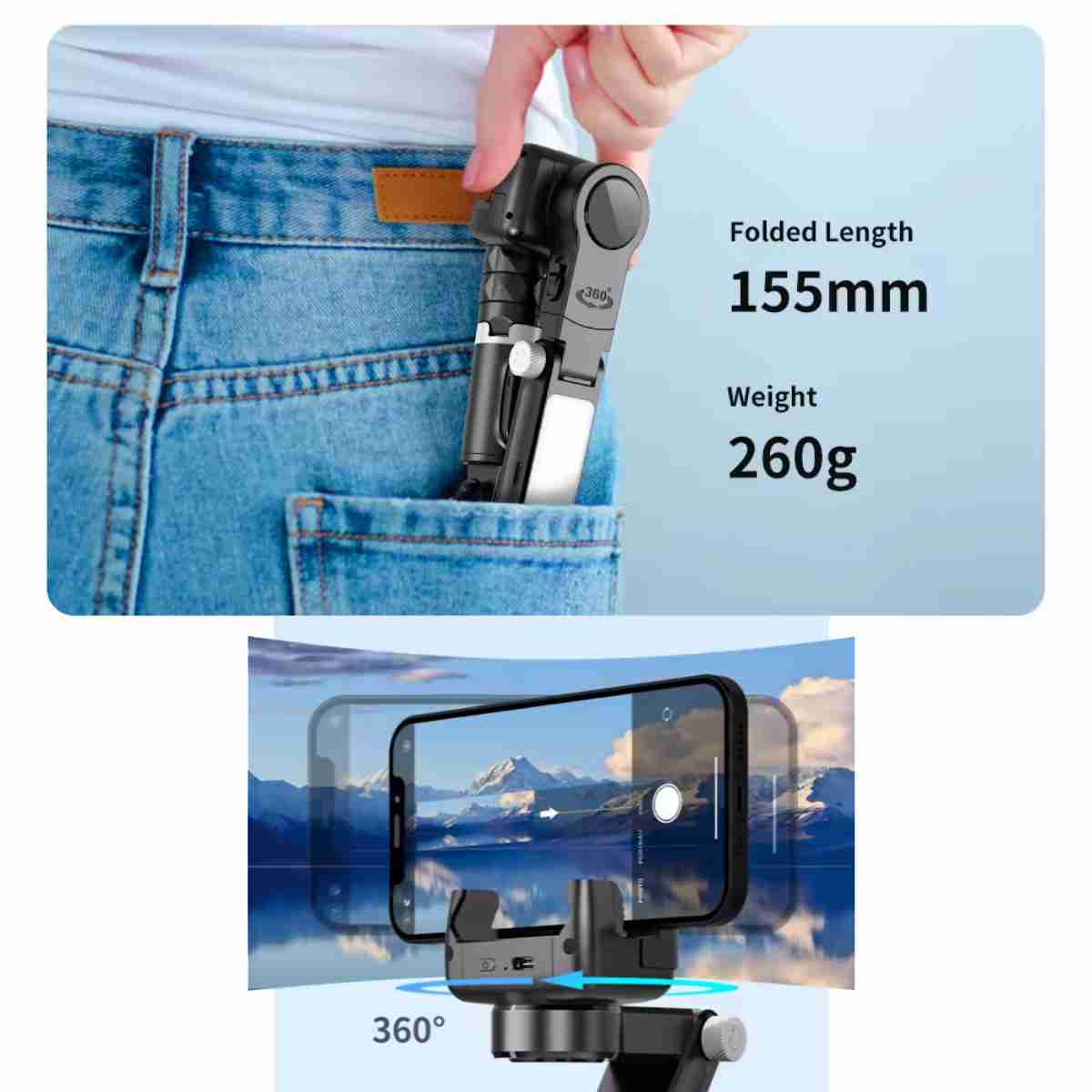 Estabilizador de cardán Almalux®Q18 -  palo Selfie con luz de relleno -  trípode con control remoto para teléfono móvil -  disparo envolvente de 360°