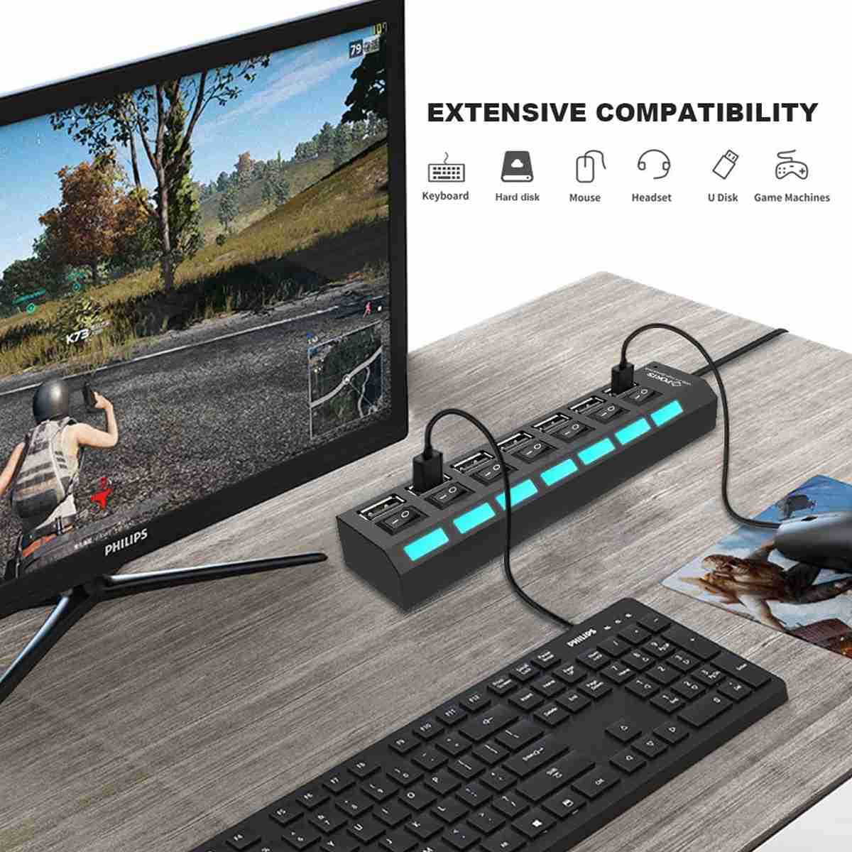 HUB Multipuerto USB 7 Puertos Adaptador Concentrador USB 2.0 Almalux®