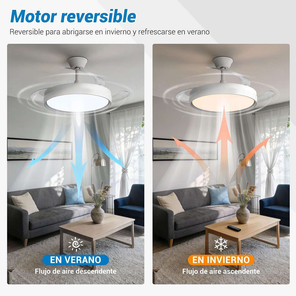 Ventilador de techo con 3 aspas retráctiles Almalux® OMFSD-2327, Mando a distáncia, Lud Led 70W, Motor DC 30W