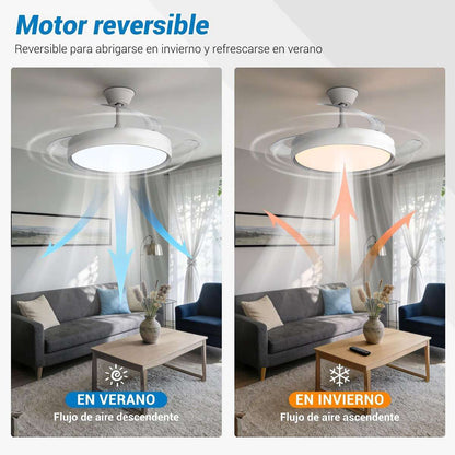 Ventilador de techo con 3 aspas retráctiles Almalux® OMFSD-2327, Mando a distáncia, Lud Led 70W, Motor DC 30W