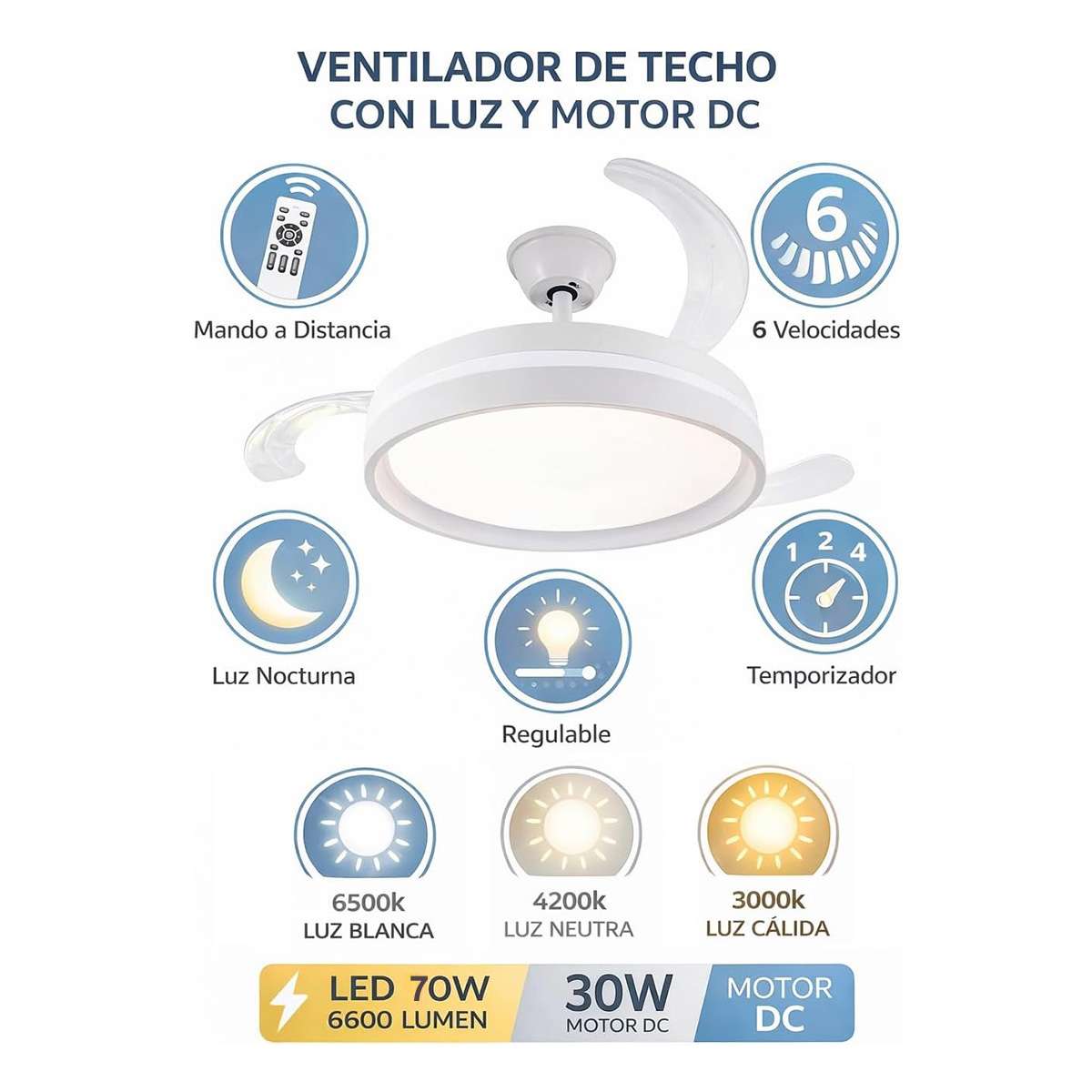 Ventilador de techo con 3 aspas retráctiles Almalux® OMFSD-2327, Mando a distáncia, Lud Led 70W, Motor DC 30W