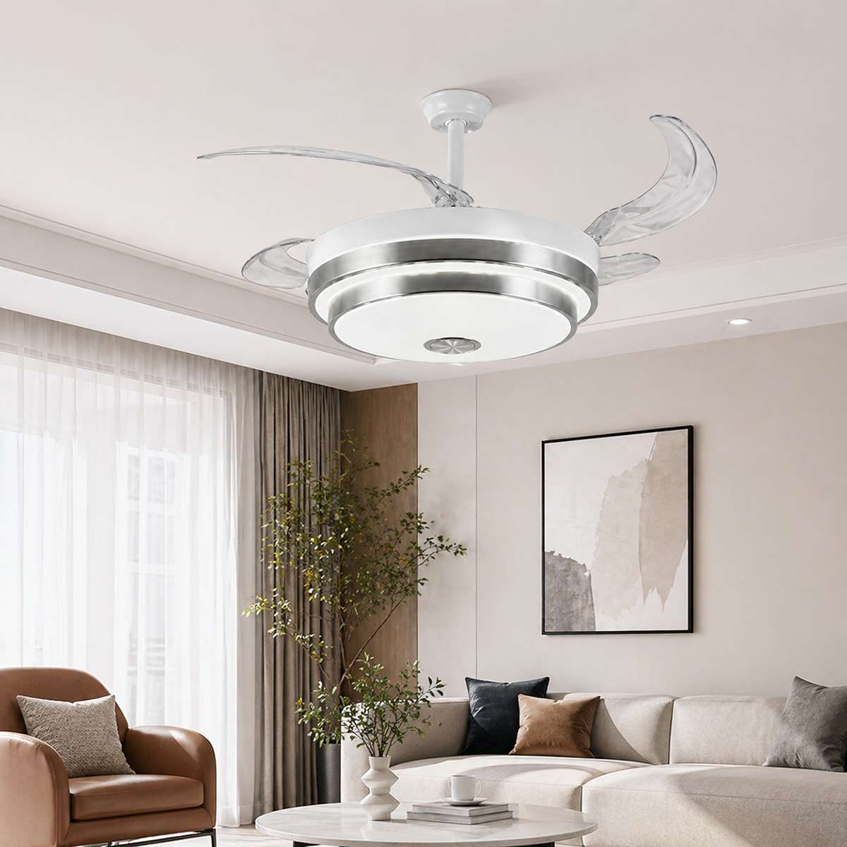 Ventilador de techo con aspas retráctiles Almalux® KNV-137 con altavoz Bluetooth integrado, Mando a distancia, Luz Led, 30W