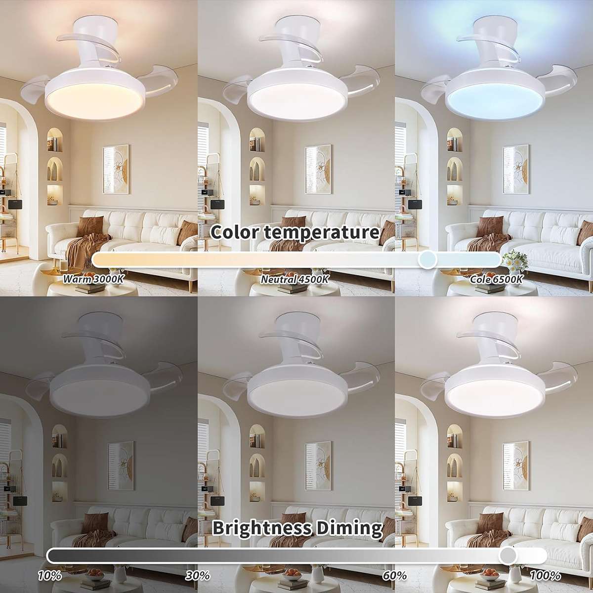 Ventilador de techo retráctil con luz silencioso, Motor DC 30W con control remoto Almalux® XS blanco ø55 cm,  invierno/verano color de luz regulable 1650 lm