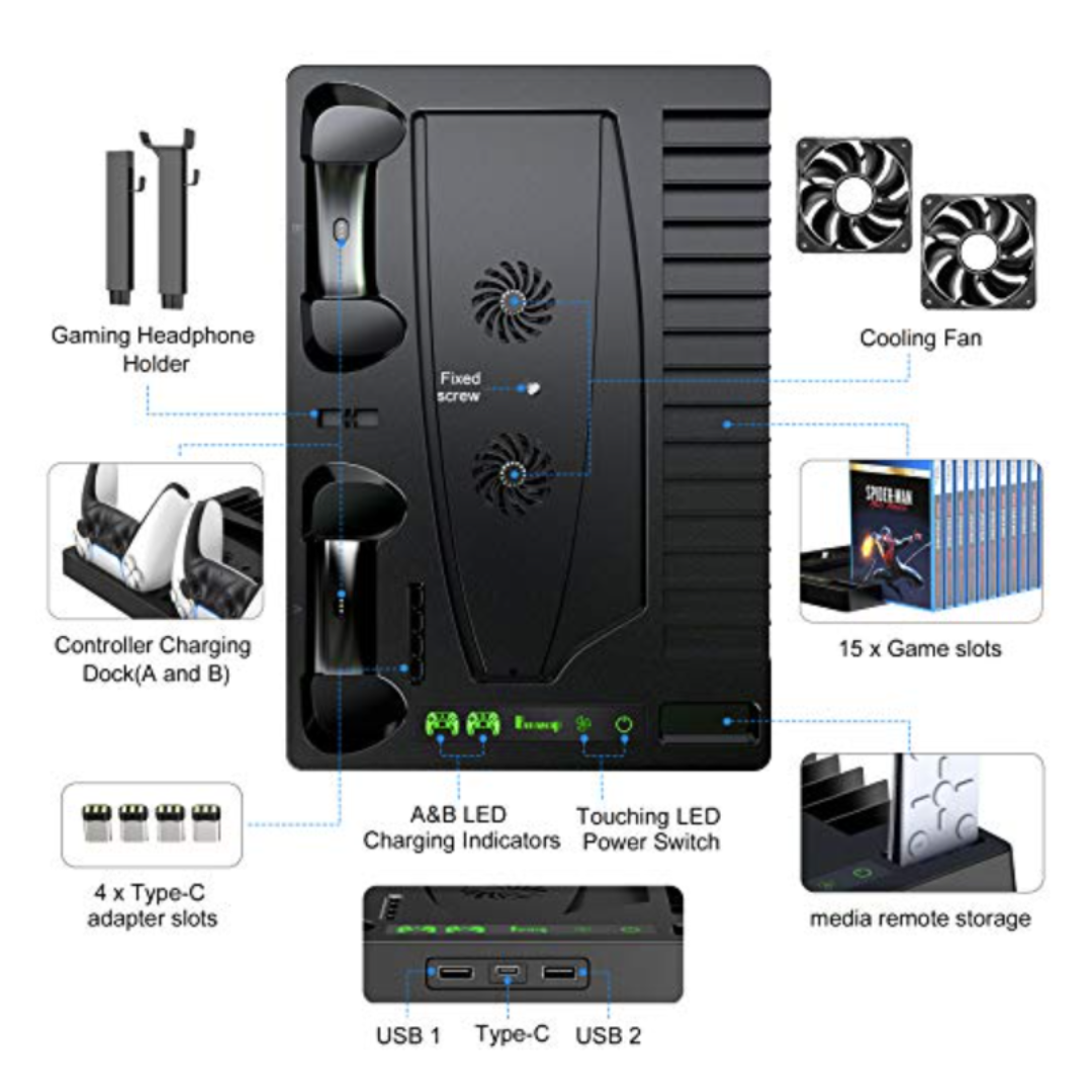 Base de refrigeración Almalux® para PS5 con soporte para auriculares -  cargador de controladores y organizador de juegos