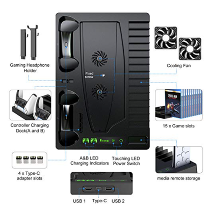 Base de refrigeración Almalux® para PS5 con soporte para auriculares -  cargador de controladores y organizador de juegos