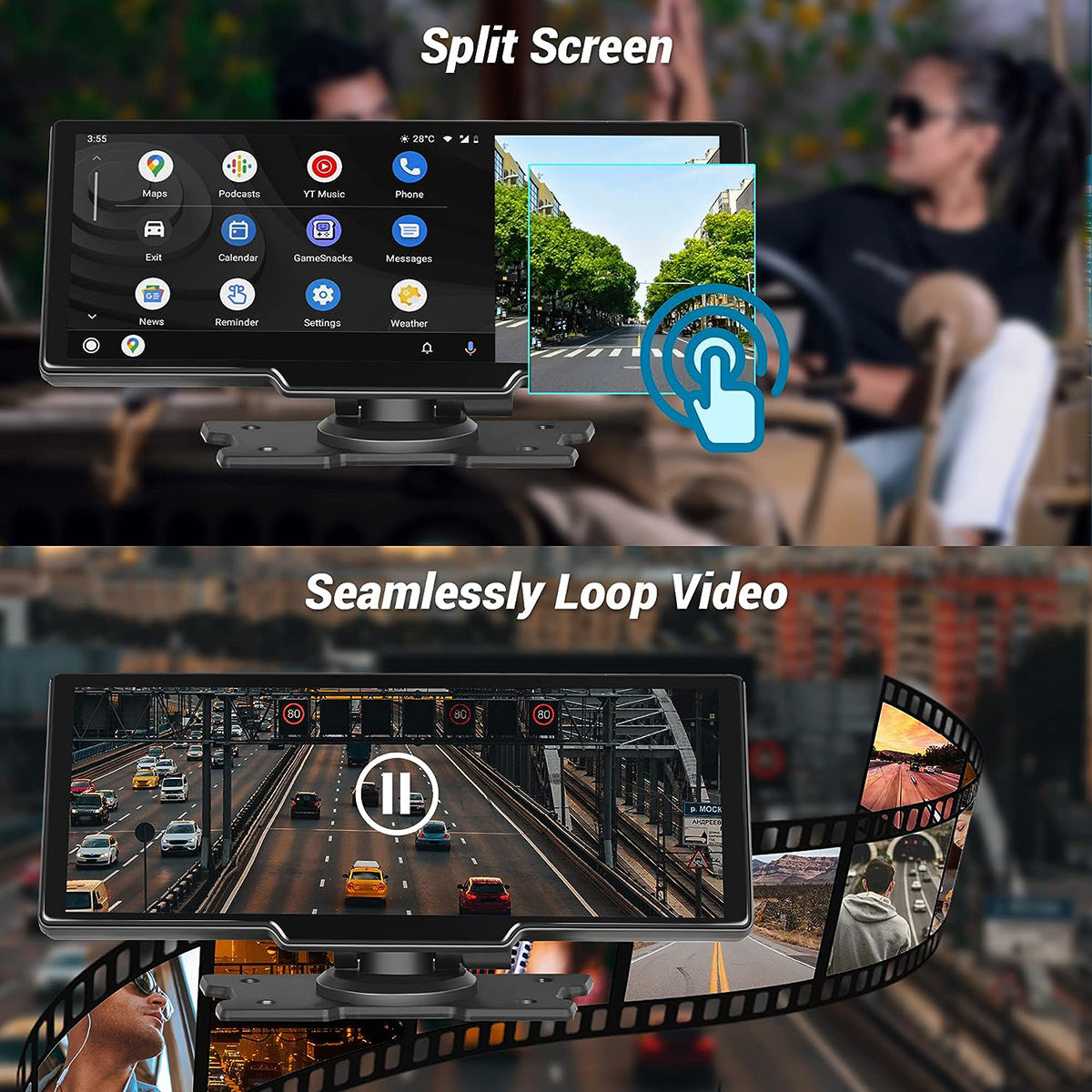 Pantalla Tactil Inalámbrica Almalux compatible Apple Carplay y Android Auto, 9.3 Pulgadas, Radio Reproductor, Cámara de Visión Trasera/Delantera, Bluetooth/FM Radio Transmisor/Vídeo/Siri